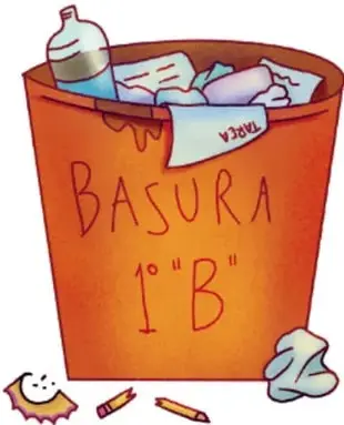Ilustración de un bote de basura naranja con la etiqueta 'BASURA 1° B' que contiene botellas, papeles y un saquito. Crédito: Karina Eréndira Pérez Olmos, Michoacán.