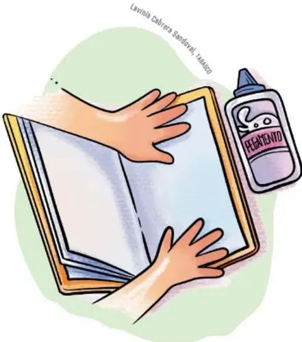 Manos sosteniendo un libro abierto y un frasco de pegamento, con la indicación de pedir ayuda para perforar.
