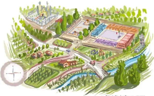 Plano urbano con parroquia, parque, canchas, escuela, salones, dirección, carretera y clínica; incluye rosa de los vientos.