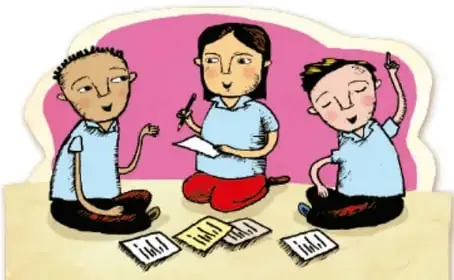 Ilustración de tres estudiantes sentados en el suelo con hojas de papel, uno de ellos escribe mientras los otros conversan.