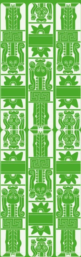 Decoración de tres bandas verticales verdes con figuras estilizadas de estilo mesoamericano (seres antropomorfos, hojas y grecas), acompañando el título Géneros literarios.