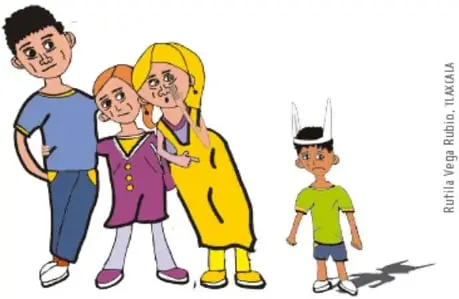 Ilustración de un grupo de niños que se abrazan entre sí mientras excluyen y señalan a otro niño apartado; etiqueta 'Violencia contra la gente distinta'; crédito de Ruttila Vega Rubio, Tlaxcala.