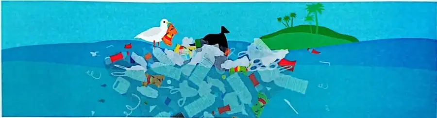 Ilustración de dos niños que recogen residuos y los colocan en un recipiente.