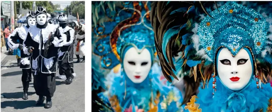 Danzantes con trajes negros y blancos y máscaras blancas, estilo chinelos, en un desfile.