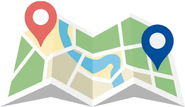 Ilustración de un mapa estilizado con dos marcadores de ubicación, uno rojo y uno azul, sobre un fondo de calles y un río.
