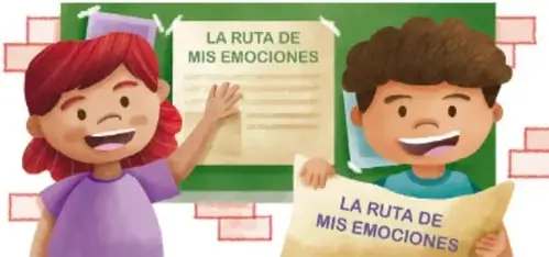 Dos estudiantes presentan el álbum "La ruta de mis emociones" frente a un periódico mural; crédito Luis Ángel Ortiz Sánchez, Ciudad de México.