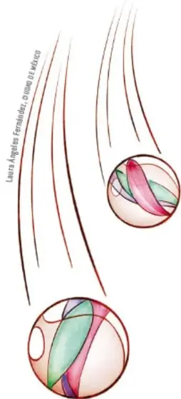 Ilustración de una trayectoria curva con una pelota y una canica en movimiento.