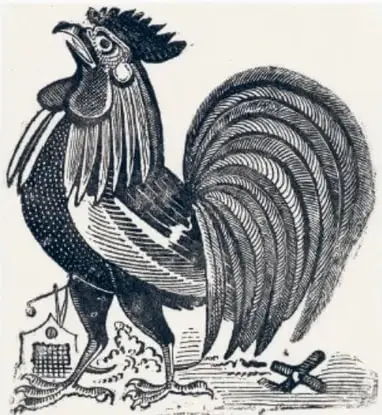 Grabado de un gallo de cresta grande y plumaje detallado, junto a un pequeño casita y una cruz.