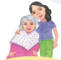 Ilustración de una madre con dos niñas y un niño alrededor de una mesa con libros y útiles escolares, acompañando la tarea.