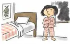 Ilustración de una niña de pie junto a su cama en una habitación, con expresión de susto y una ventana oscura al fondo.
