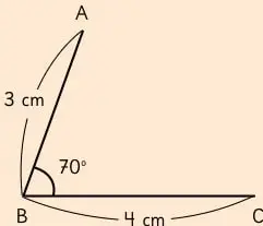 Figura incompleta con BC=4 cm y BA=3 cm formando 70° en B, para completar con regla y escuadra.