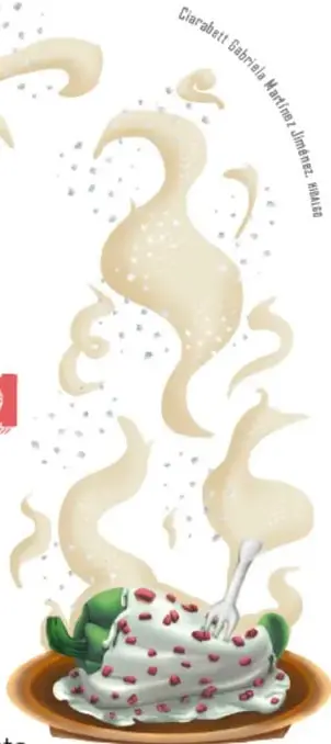 Ilustración de vapor de humo blanco que rodea el título, con un tamal con salsa blanca y granos rojos servido en un plato de barro.
