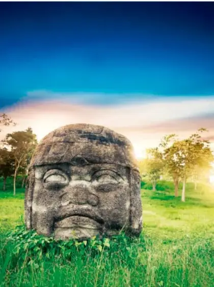 Fotografía de una cabeza colosal olmeca de piedra, con rasgos faciales marcados, rodeada de vegetación y bajo un cielo azul.