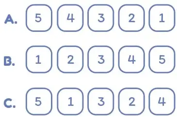 Alternativas A, B y C del ejercicio 2, con números dentro de recuadros redondeados: 5 4 3 2 1; 1 2 3 4 5; 5 1 3 2 4.