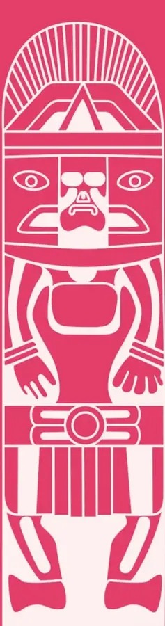 Ilustración estilizada en rosa y blanco que representa una figura prehispánica o totémica con tocado radiado, rostro con ojos y nariz marcados, brazos extendidos y faldón con franjas verticales.