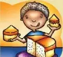 Ilustración de un niño junto a productos de panadería que introduce la pregunta sobre cuartos.