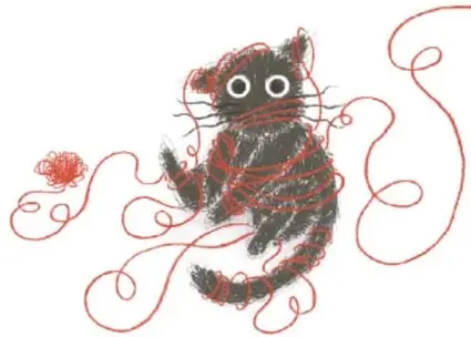 Gata negra enredada en un estambre rojo, con expresión sorprendida.
