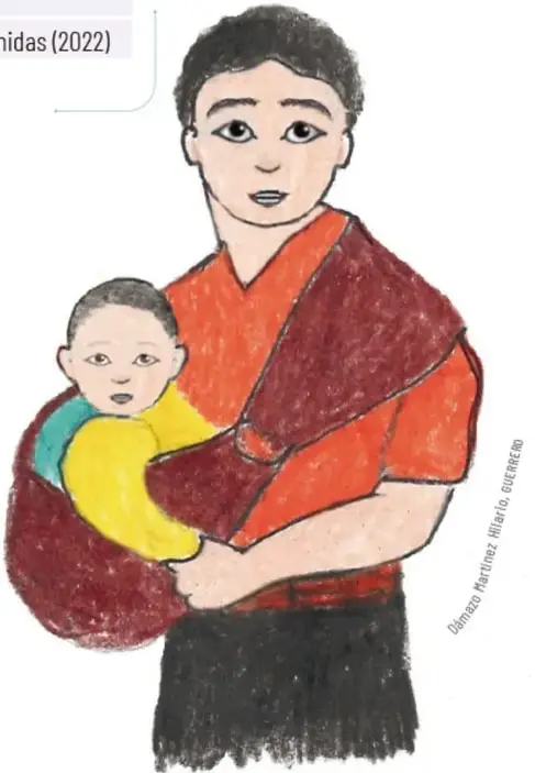 Dibujo a colores de un hombre cargando a un bebé en un rebozo o brazo, símbolo de la corresponsabilidad en el cuidado; crédito Dámazo Martínez Hilario, Guerrero.