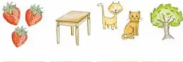 Dibujos de fresas, una mesa, un gato y un árbol.