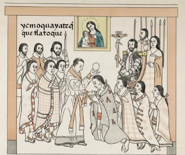 Ilustración colonial que muestra a un sacerdote administrando un sacramento a un grupo de indígenas, con una imagen religiosa al fondo y la leyenda 'Ycmoquayataç que tla toque'.