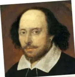 Retrato al óleo de William Shakespeare con cabello largo y cuello blanco.