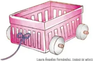 Carro con caja de plástico rosa y ruedas de cartón reforzado.
