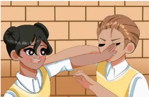 Ilustración de dos estudiantes: una niña con cabello negro recogido y un niño rubio. La niña tiene el brazo extendido hacia el rostro del niño, quien se cubre los ojos con la mano. Ambos visten uniforme escolar con suéter amarillo. Fondo de pared de ladrillo.
