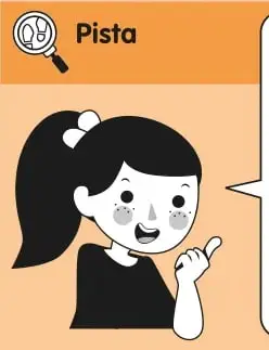 Recuadro naranjo 'Pista' con una niña señalando las indicaciones sobre razones A : B y su valor A/B.