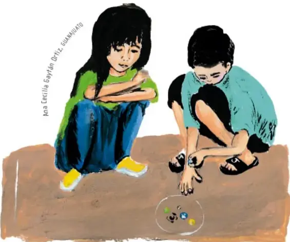 Ilustración de dos niñas indígenas jugando sentadas en el suelo con pequeñas bolitas o canicas, firmada por Rocío Cecilia García Ortiz. Ilustra los juegos tradicionales de la comunidad.