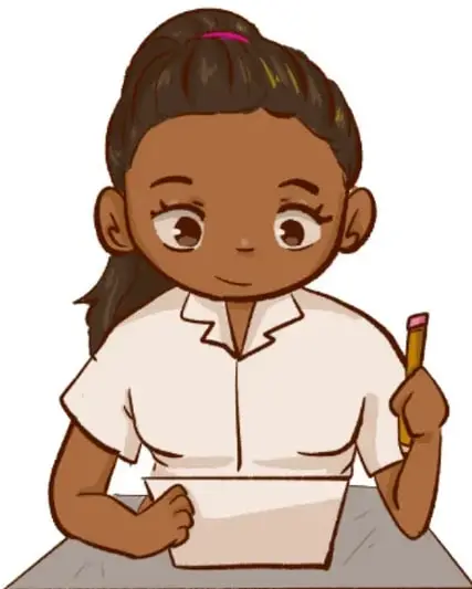 Ilustración de una estudiante de secundaria sentada en su escritorio, con uniforme blanco, sosteniendo un lápiz y una hoja de papel, dibujada por Danna Fernanda Trejo Valencia, Veracruz.