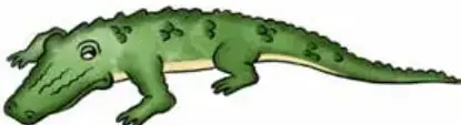 Ilustración de un cocodrilo verde caminando hacia la izquierda, con la boca entreabierta y la cola levantada.