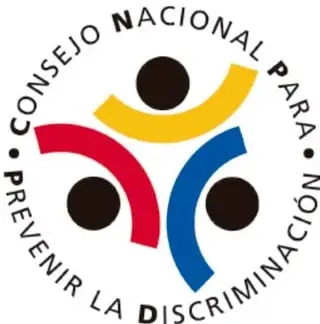 Logotipo del CONAPRED: tres figuras humanas estilizadas en amarillo, rojo y azul alrededor del texto circular 'Consejo Nacional para Prevenir la Discriminación'.