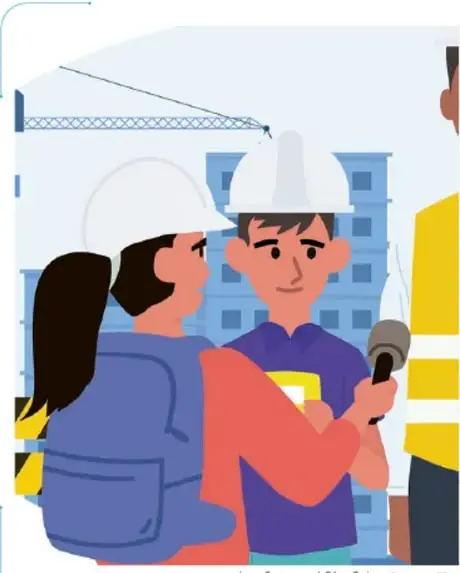 Ilustración de una persona entrevistando a dos trabajadores con casco en una obra de construcción en un espacio urbano. Crédito: Isar Emmanuel Díaz Rojas, Guanajuato.
