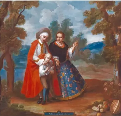 Pintura de castas con un hombre español, una mujer africana y un niño, en un paisaje al aire libre, con cartela identificatoria.