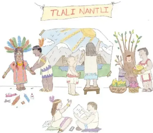 Ilustración de alumnos en una muestra escénica con un cartel que dice 'TLALI NANTLI', personajes con vestimenta tradicional, montañas y canasta de frutas; autoría de Mariana Haide Calderón Cifuentes, Ciudad de México.