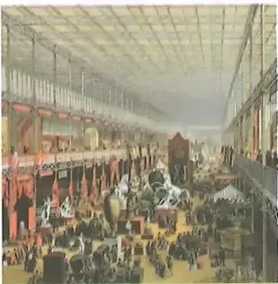 Imagen histórica de un mercado o espacio comercial cubierto, relacionada con la industrialización y el comercio.