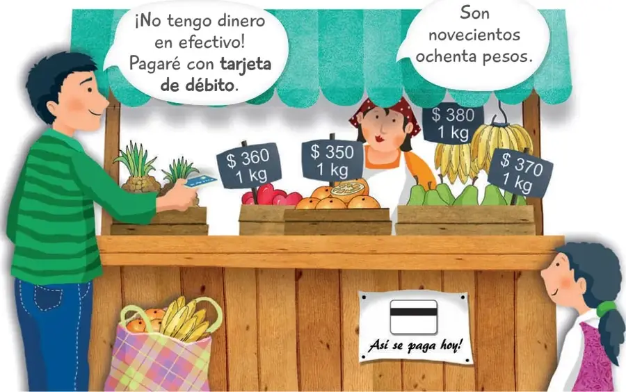Puesto de feria con toldo verde: el papá de Javiera, con polera verde a rayas, paga con tarjeta de débito; una vendedora con delantal y pañuelo rojo atiende. Sobre la mesa hay piñas, manzanas rojas, cebollas o papas, plátanos y porotos verdes, con carteles de precios. Abajo hay un bolso a cuadros con verduras y un cartel que dice «¡Así se paga hoy!» con el dibujo de una tarjeta.