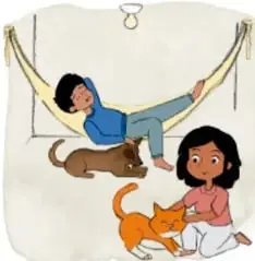 Una niña en una hamaca con dos gatos, descansando en casa.