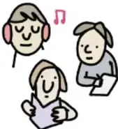 Ilustración de tres rostros sonrientes, uno escuchando música con audífonos y otro leyendo, en alusión a los gustos personales.