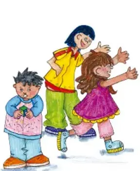 Ilustración de tres niñas y un niño dibujando y jugando, con expresiones alegres.