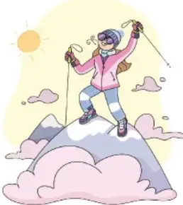 Ilustración de una persona escalando una montaña con bastones de trekking, simbolizando la búsqueda de objetivos.