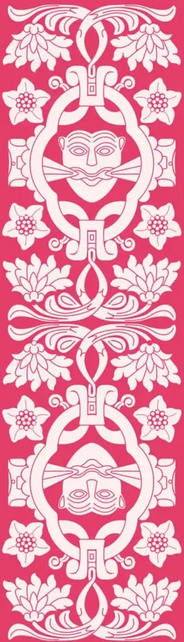 Ilustración decorativa en color rosa mexicano con motivos simétricos de flores, tallos y dos rostros con tocados, en el estilo de las lacas tradicionales mexicanas (fondo rosa, figuras en tono claro).
