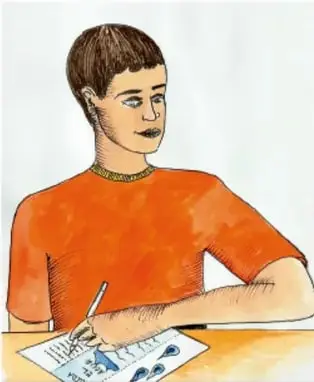 Ilustración en acuarela de un niño de cabello corto y camiseta naranja escribiendo en un cuaderno sobre una mesa. Crédito: Miguel Ángel Luna Vargas, Morelos.