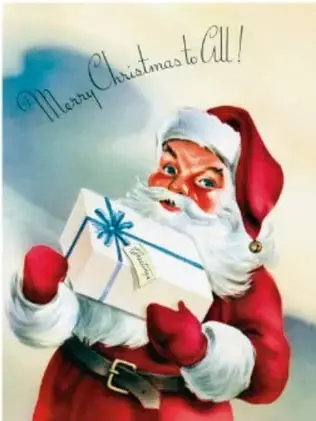Ilustración de Santa Claus con traje rojo sosteniendo un regalo envuelto con moño azul, con la leyenda manuscrita 'Merry Christmas to All!'.