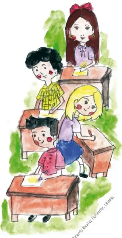 Ilustración a acuarela de cuatro niños trabajando en sus pupitres de madera en el salón de clases, con una niña de moño rojo escribiendo. Firma de Ricardo Álvarez Gutiérrez, Chiapas.