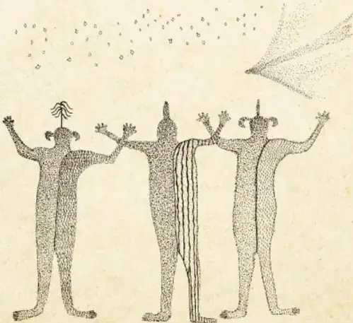 Ilustración de tres figuras humanas con tocados y brazos alzados, bajo un cielo estrellado; una de ellas sostiene un objeto alargado.
