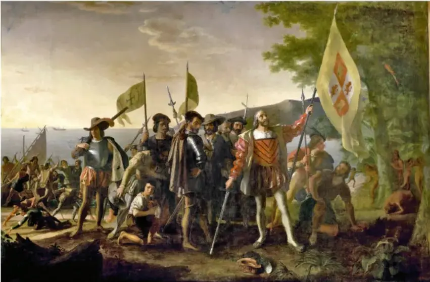 Pintura histórica de la llegada de exploradores europeos (con banderas y armaduras) a un territorio costero, con indígenas observando desde la vegetación; se usa como disparador visual del proyecto académico.