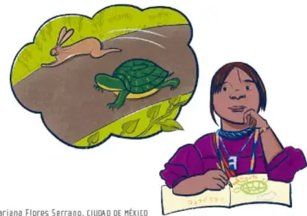 Ilustración de una niña que escribe en su cuaderno mientras piensa en la fábula de la liebre y la tortuga corriendo por el campo.