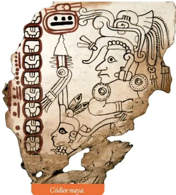 Fragmento de un códice maya con glifos y una figura humana.