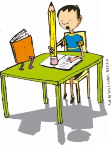 Ilustracion de un nino sentado en un escritorio verde escribiendo con un lapiz gigante, con un libro abierto al lado (credito: Rubia Vega Rubio, Tlacolula).